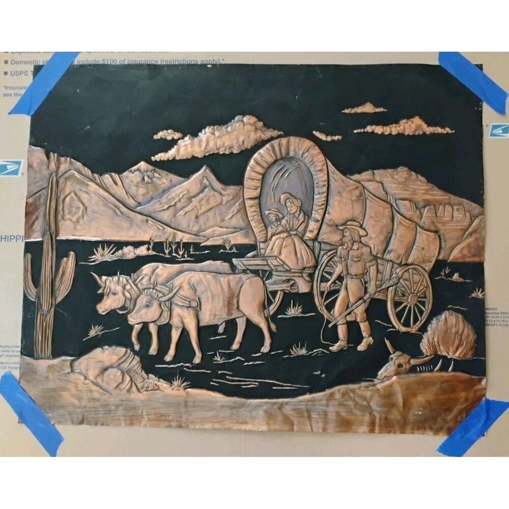 Vtg Mid Century Copper Relief Wall Art Pioneer Covered Wagon Oxen Western 16x20
